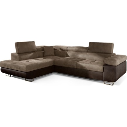 Canapé d'angle convertible en tissu velours luxe 5 places, avec coffre, marron et chocolat, angle gauche (vu de face), ANNECY VE