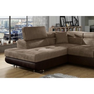 Canapé d'angle convertible en tissu velours luxe 5 places, avec coffre, marron et chocolat, angle gauche (vu de face), ANNECY VE