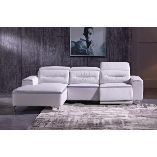 Canapé d'angle relax en cuir buffle italien de luxe FUNRELAX, blanc et bande gris clair, angle gauche.