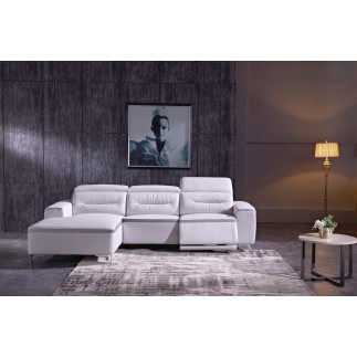 Canapé d'angle relax en cuir buffle italien de luxe FUNRELAX, blanc et bande gris clair, angle gauche.