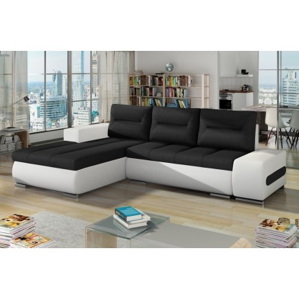 Canapé d'angle convertible en tissu luxe noir et simili cuir blanc, 5 places, angle gauche (vu de face) - OTELLO