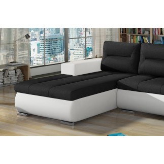 Canapé d'angle convertible en tissu luxe noir et simili cuir blanc, 5 places, angle gauche (vu de face) - OTELLO