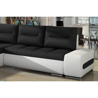 Canapé d'angle convertible en tissu luxe noir et simili cuir blanc, 5 places, angle gauche (vu de face) - OTELLO