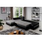 Canapé d'angle convertible en tissu luxe noir et simili cuir blanc, 5 places, angle gauche (vu de face) - OTELLO