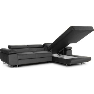 Canapé d'angle convertible ARMEL en tissu velours luxe 5 places, gris anthracite, avec coffre, angle droit (vu de face)