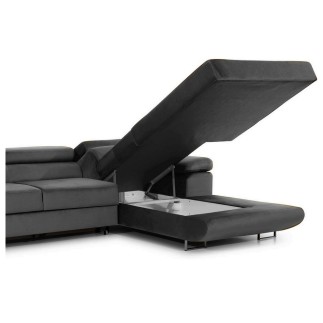 Canapé d'angle convertible ARMEL en tissu velours luxe 5 places, gris anthracite, avec coffre, angle droit (vu de face)