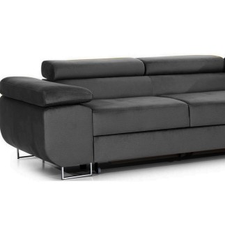 Canapé d'angle convertible ARMEL en tissu velours luxe 5 places, gris anthracite, avec coffre, angle droit (vu de face)