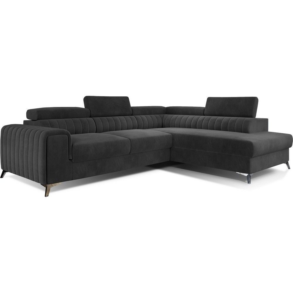 Canapé d'angle convertible - LARRY VELOURS Luxe gris foncé, 5 places, angle droit (vu de face)