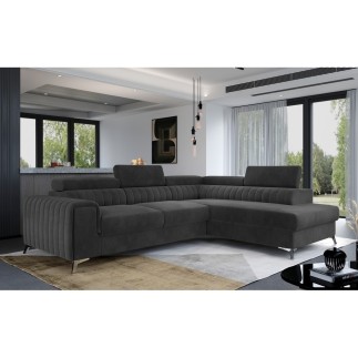 Canapé d'angle convertible - LARRY VELOURS Luxe gris foncé, 5 places, angle droit (vu de face)