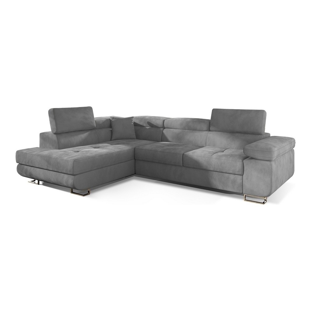 -Canapé d'angle convertible en velours luxe 5 places, avec coffre, gris clair, angle gauche (vu de face), ANNECY VELOURS
