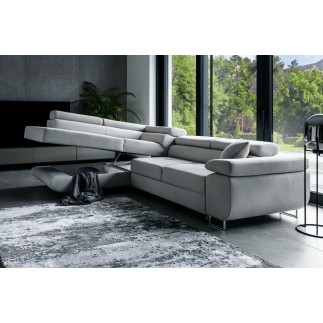 -Canapé d'angle convertible en velours luxe 5 places, avec coffre, gris clair, angle gauche (vu de face), ANNECY VELOURS