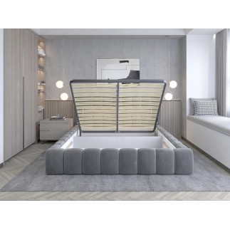 Lit 180x200 rembourré en velours luxe avec coffre et éclairage LED, gris foncé, LANA