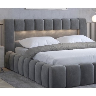 Lit 180x200 rembourré en velours luxe avec coffre et éclairage LED, gris foncé, LANA