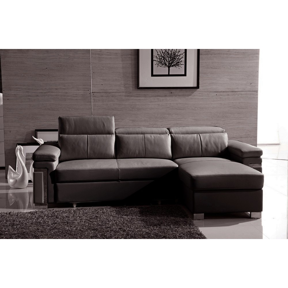 Canapé d'angle convertible cuir buffle italien 5 places, ALLURE, gris foncé, angle droit, Chocolat