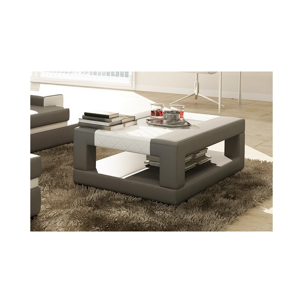Table basse en cuir italien WAGRAM, gris clair et blanc
