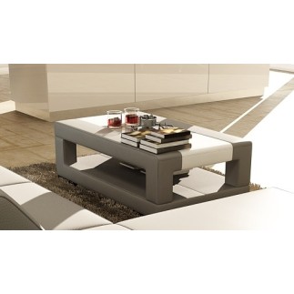 Table basse en cuir italien WAGRAM, gris clair et blanc