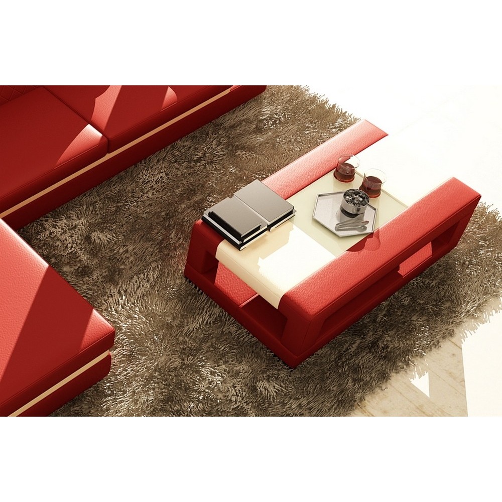 Table basse en cuir italien WAGRAM, rouge et blanc