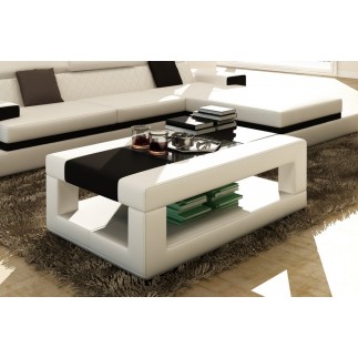 Table basse en cuir italien WAGRAM, blanc et noir