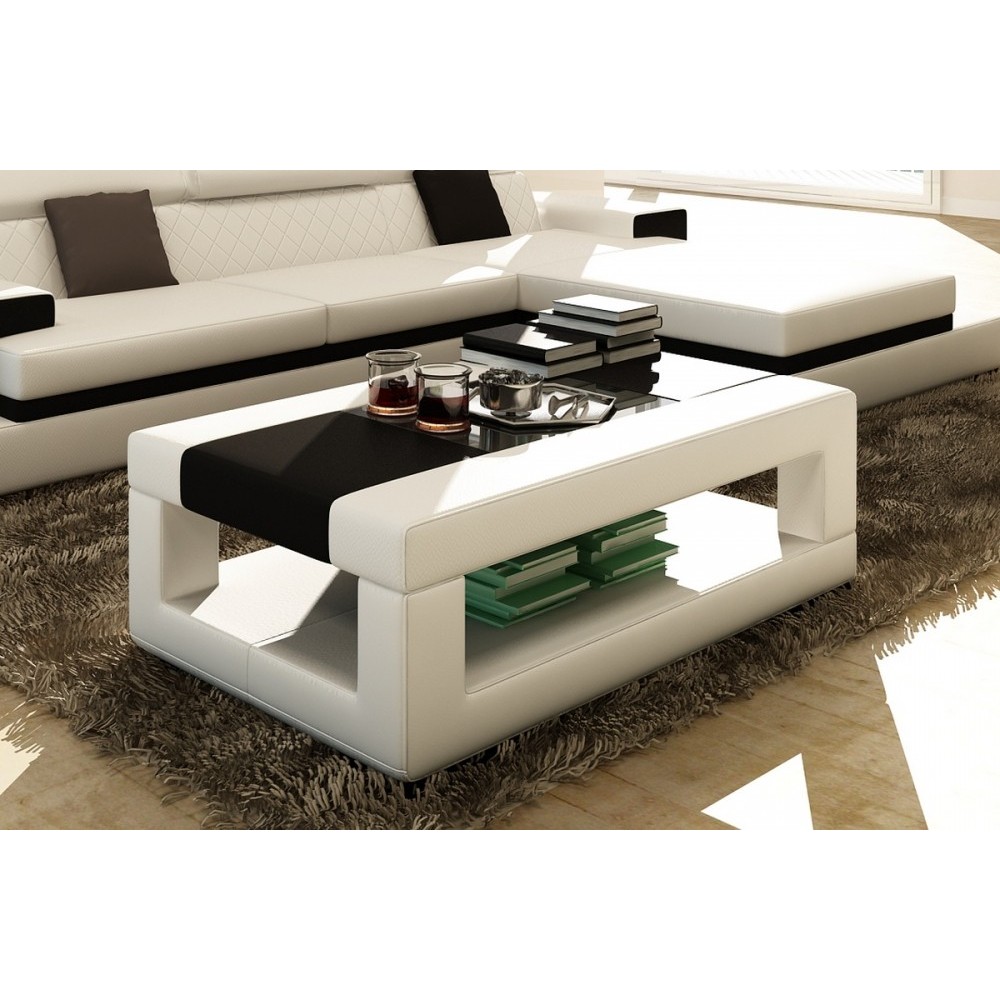 Table basse en cuir italien WAGRAM, blanc et noir