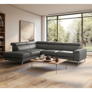 Canapé d'angle convertible en cuir italien luxe 5 places, Hombourg, coffre, gris foncé, angle gauche
