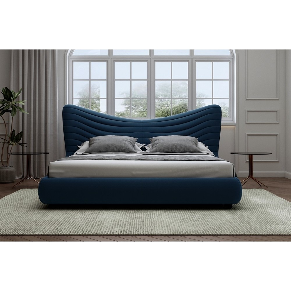 Lit design en velours de luxe NOAH, avec sommier à lattes offert, bleu foncé, 140x200