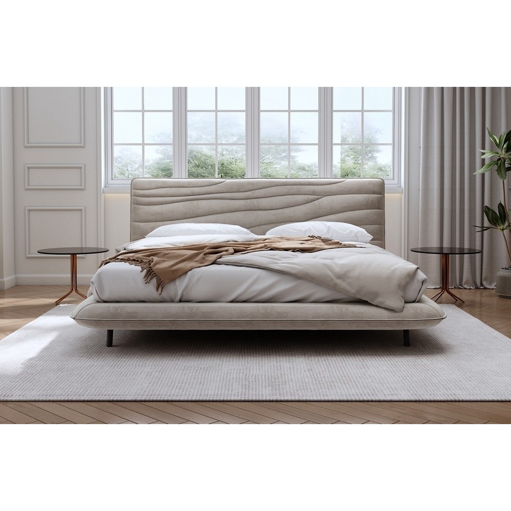 Lit design en velours de luxe PRESTIGIO, avec sommier à lattes offert, BEIGE, 180x200
