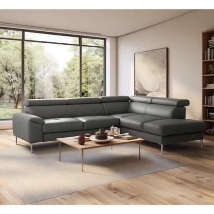 Canapé d'angle convertible en cuir italien luxe 5 places, Hombourg, coffre, gris foncé, angle droit