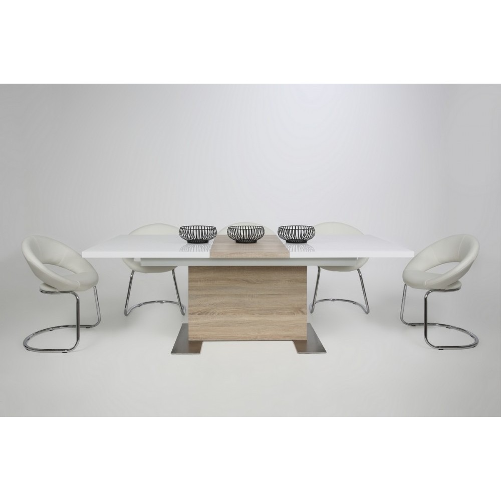 Table à manger design laqué blanc brillant et chêne sonoma à rallonge, BRETINI