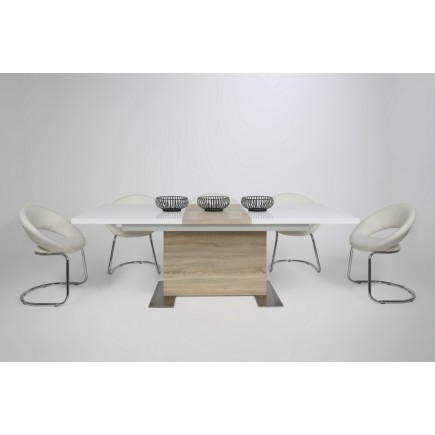Table à manger design laqué blanc brillant et chêne sonoma à rallonge, BRETINI