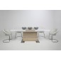 Table à manger design laqué blanc brillant et chêne sonoma à rallonge, BRETINI
