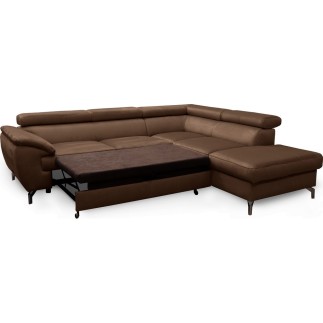Canapé d'angle convertible en velours luxe 5 places, FLORENT, marron foncé, angle droit