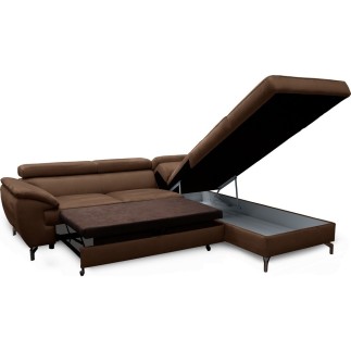 Canapé d'angle convertible en velours luxe 5 places, FLORENT, marron foncé, angle droit