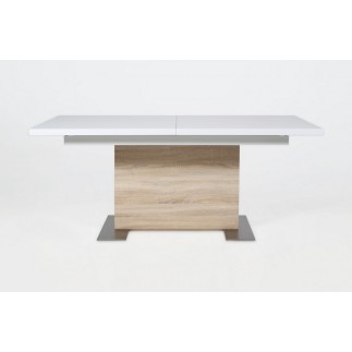 Table à manger design laqué blanc brillant et chêne sonoma à rallonge, BRETINI