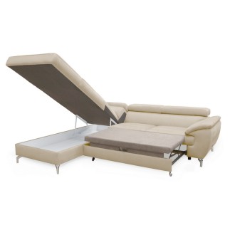 Canapé d'angle convertible en velours luxe - 5 places, FLORENT, beige clair, angle gauche