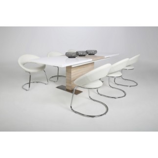 Table à manger design laqué blanc brillant et chêne sonoma à rallonge, BRETINI