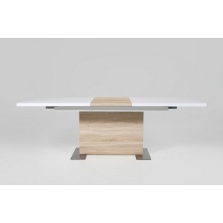 Table à manger design laqué blanc brillant et chêne sonoma à rallonge, BRETINI