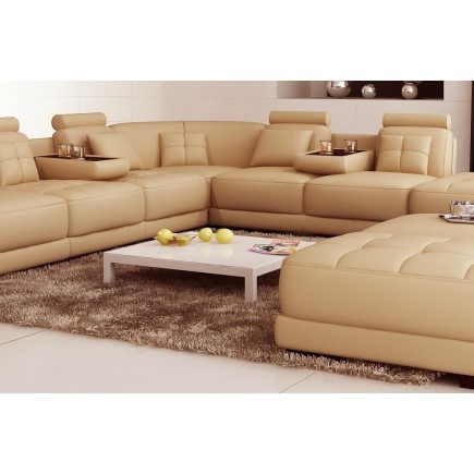 Canapé d'angle en cuir 7/8 places ELIXIR grand modèle, beige. Angle droit