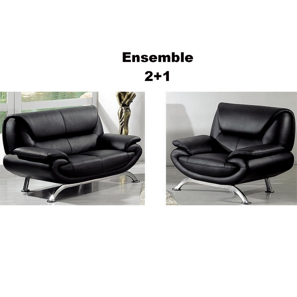Ensemble composé d'un canapé 2 places et d'un fauteuil en cuir luxe italien, noir, JONAH