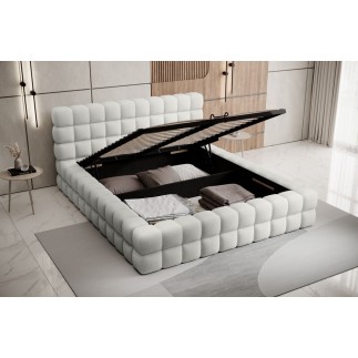 Lit double avec coffre en tissu bouclettes de qualité luxe capitonné, blanc, 140x200