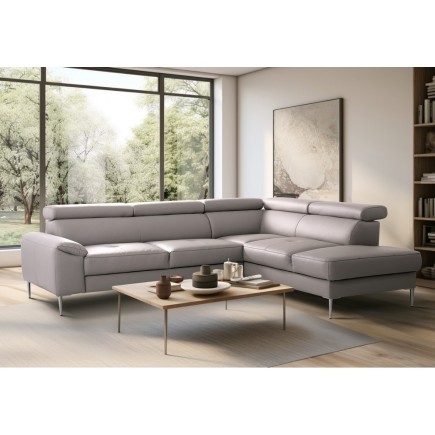 Canapé d'angle convertible en cuir italien luxe 5 places, Hombourg, coffre, gris clair, angle droit