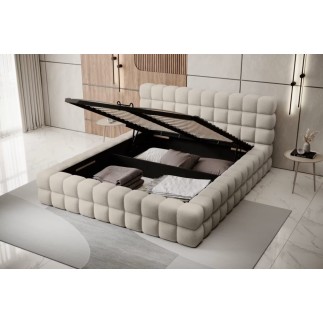 Lit double avec coffre en tissu bouclettes de qualité luxe capitonné, beige, 140x200