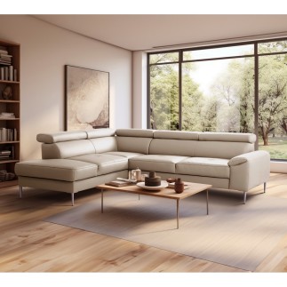 Canapé d'angle convertible en cuir italien luxe 5 places, Hombourg, coffre, beige, angle gauche