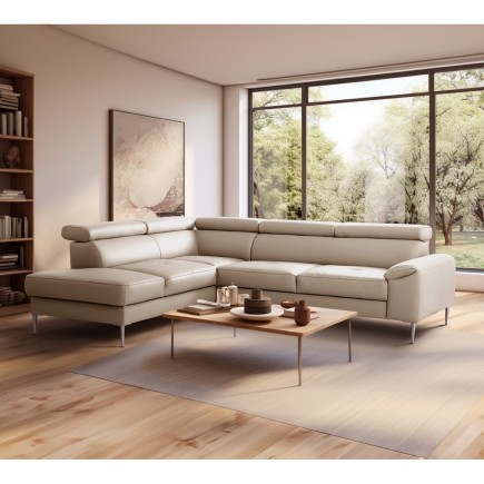 Canapé d'angle convertible en cuir italien luxe 5 places, Hombourg, coffre, beige, angle gauche