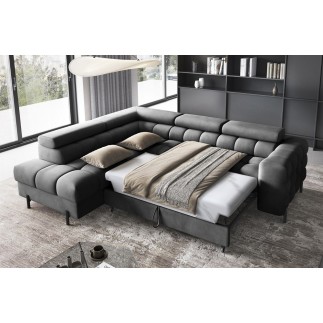 - Canapé d'angle convertible, FERNAND VELOURS - en velours Luxe gris foncé anthracite, 5 places, angle gauche (vu de face)