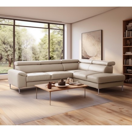 Canapé d'angle convertible en cuir italien luxe 5 places, Hombourg, coffre, beige, angle droit