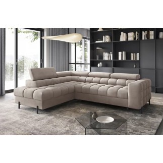 - Canapé d'angle convertible, FERNAND VELOURS - en velours Luxe beige, 5 places, angle gauche (vu de face)