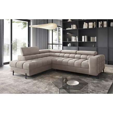 - Canapé d'angle convertible, FERNAND VELOURS - en velours Luxe beige, 5 places, angle gauche (vu de face)