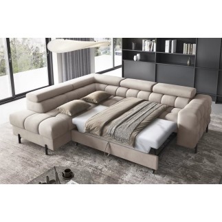 - Canapé d'angle convertible, FERNAND VELOURS - en velours Luxe beige, 5 places, angle gauche (vu de face)