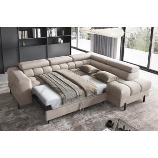 Canapé d'angle convertible - FERNAND VELOURS - en velours Luxe beige, 5 places, angle droit (vu de face)
