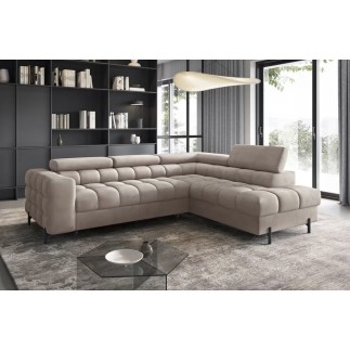 Canapé d'angle convertible - FERNAND VELOURS - en velours Luxe beige, 5 places, angle droit (vu de face)